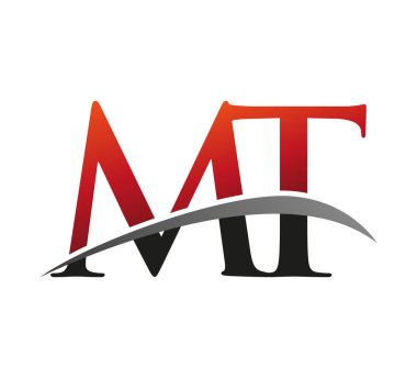 İlk harfi MT logotype şirketi. Renkli kırmızı ve siyah Swoosh tasarımı. Siyah arkaplanda izole.