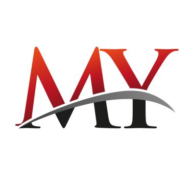 İlk harf Benim logotype şirketimin adı Renkli Kırmızı ve Siyah Swoosh tasarımı. Siyah arkaplanda izole.