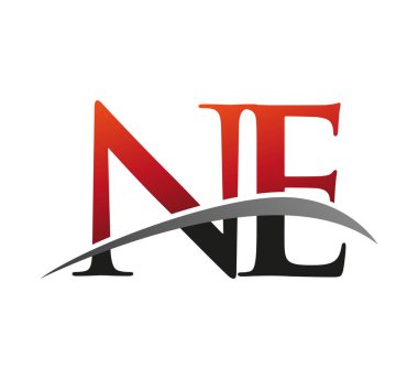 İlk harf NE logotype şirketi adı: Renkli kırmızı ve siyah Swoosh tasarımı. Siyah arkaplanda izole.