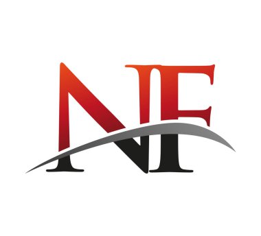 İlk harfi NF logotype şirketi. Renkli kırmızı ve siyah Swoosh tasarımı. Siyah arkaplanda izole.