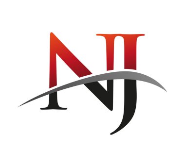 İlk harfi NJ logotype şirketi. Renkli kırmızı ve siyah Swoosh tasarımı. Siyah arkaplanda izole.