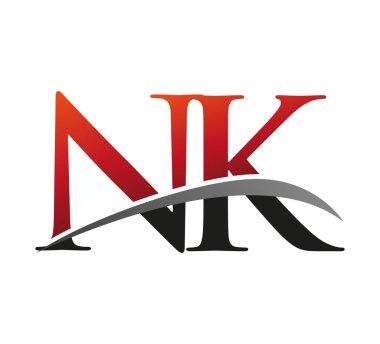 İlk harfi NK logotype şirketi. Renkli kırmızı ve siyah Swoosh tasarımı. Siyah arkaplanda izole.