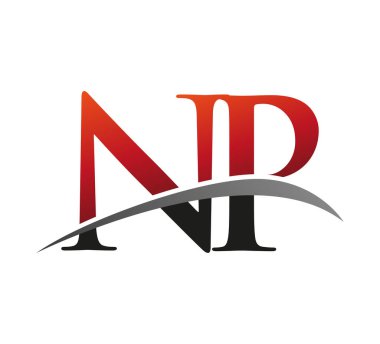 İlk harfi NP logotype şirketi. Renkli kırmızı ve siyah Swoosh tasarımı. Siyah arkaplanda izole.
