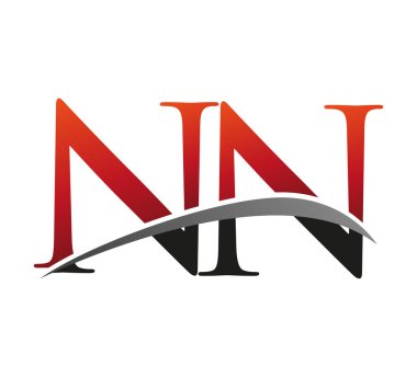 İlk harfi NN logotype şirketi. Renkli kırmızı ve siyah Swoosh tasarımı. Siyah arkaplanda izole.