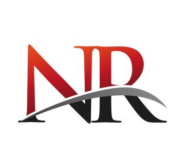 İlk harfi NR logotype şirketi. Renkli kırmızı ve siyah Swoosh tasarımı. Siyah arkaplanda izole.