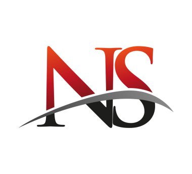 İlk harfi NS logotype şirketi. Renkli kırmızı ve siyah Swoosh tasarımı. Siyah arkaplanda izole.