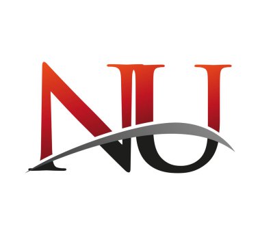 İlk harfi NU logotype şirketi. Renkli kırmızı ve siyah Swoosh tasarımı. Siyah arkaplanda izole.