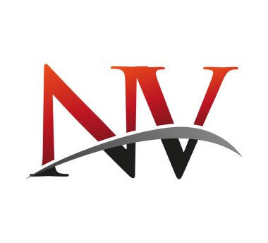 İlk harfi NV logotype şirketi. Renkli kırmızı ve siyah Swoosh tasarımı. Siyah arkaplanda izole.