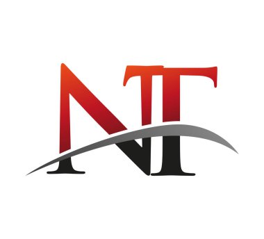 İlk harfi NT logotype şirketi. Renkli kırmızı ve siyah Swoosh tasarımı. Siyah arkaplanda izole.