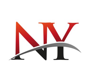 İlk harfi NY logotype şirketi. Renkli kırmızı ve siyah Swoosh tasarımı. Siyah arkaplanda izole.