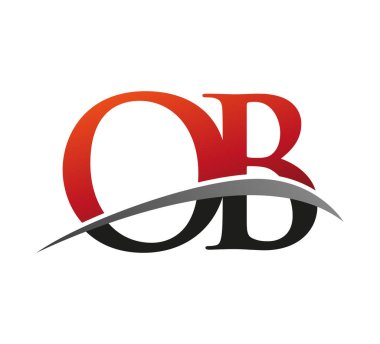 İlk harfi OB logotype şirketi. Renkli kırmızı ve siyah Swoosh tasarımı. Siyah arkaplanda izole.