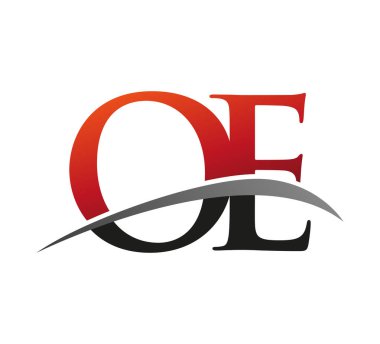 İlk harfi OE logotype şirketi. Renkli, kırmızı ve siyah desenli. Siyah arkaplanda izole.