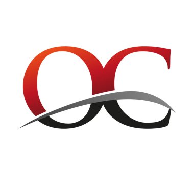 İlk harfi OC logotype şirketi. Renkli kırmızı ve siyah Swoosh tasarımı. Siyah arkaplanda izole.