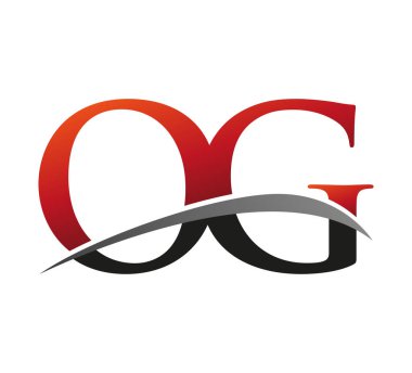 İlk harfi OG logotype şirketi. Renkli kırmızı ve siyah Swoosh tasarımı. Siyah arkaplanda izole.