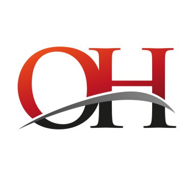 İlk harf OH logotype şirketi adı: Renkli kırmızı ve siyah Swoosh tasarımı. Siyah arkaplanda izole.