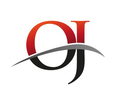 İlk harfi OJ logotype şirketi. Renkli kırmızı ve siyah Swoosh tasarımı. Siyah arkaplanda izole.