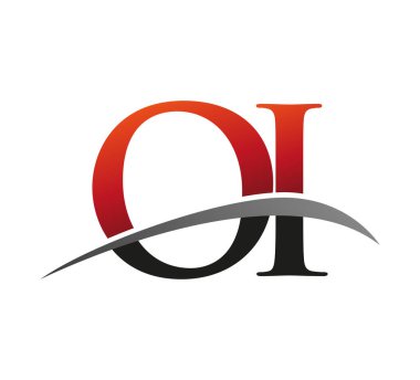 İlk harfi OI logotype şirketi. Renkli kırmızı ve siyah Swoosh tasarımı. Siyah arkaplanda izole.