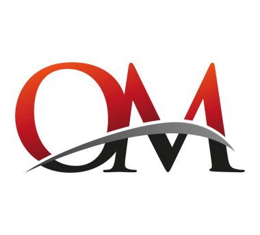 İlk harfi OM logotype şirketi. Renkli kırmızı ve siyah Swoosh tasarımı. Siyah arkaplanda izole.