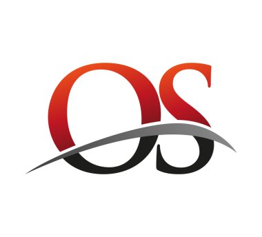 İlk harfi OS logotype şirketi. Renkli kırmızı ve siyah Swoosh tasarımı. Siyah arkaplanda izole.