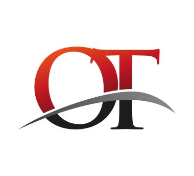 İlk harfi OT logotype şirketi. Renkli kırmızı ve siyah Swoosh tasarımı. Siyah arkaplanda izole.