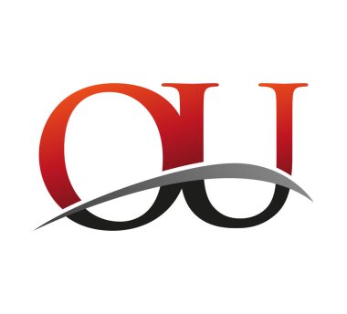 İlk harfi OU logotype şirketinin adı: Renkli kırmızı ve siyah Swoosh tasarımı. Siyah arkaplanda izole.