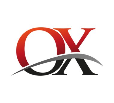 İlk harfi OX logotype şirketi. Renkli kırmızı ve siyah desenli. Siyah arkaplanda izole.