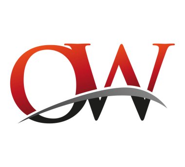 İlk harfi OW logotype şirketi. Renkli kırmızı ve siyah Swoosh tasarımı. Siyah arkaplanda izole.