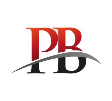 İlk harf PB logotype şirket adı kırmızı ve siyah swoosh tasarımı. Siyah arkaplanda izole.