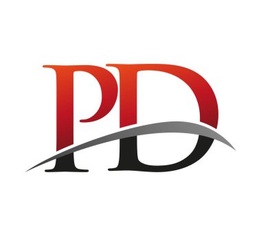 İlk harf PD logotype şirketi adı: Renkli kırmızı ve siyah Swoosh tasarımı. Siyah arkaplanda izole.