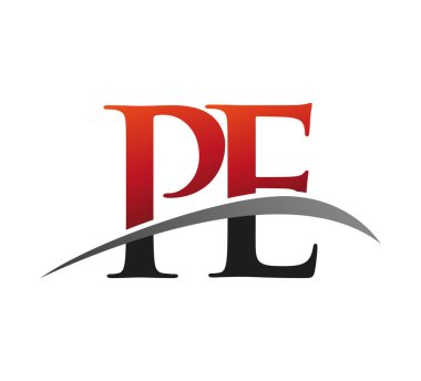 İlk harf PE logotype şirketi adı kırmızı ve siyah Swoosh tasarımı. Siyah arkaplanda izole.