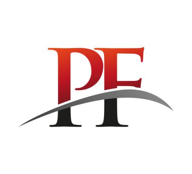 İlk harf PF logotype şirket adı kırmızı ve siyah swoosh tasarımı. Siyah arkaplanda izole.