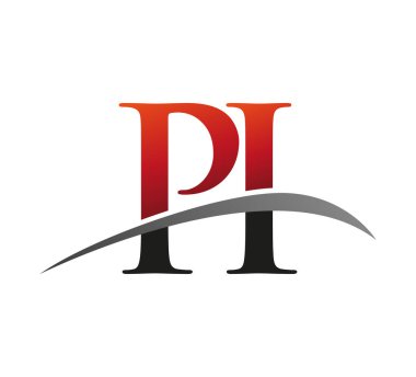 İlk harf PI logotype şirketi adı kırmızı ve siyah Swoosh tasarımı. Siyah arkaplanda izole.