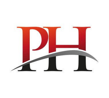 İlk harfi PH logotype şirketi. Renkli kırmızı ve siyah Swoosh tasarımı. Siyah arkaplanda izole.