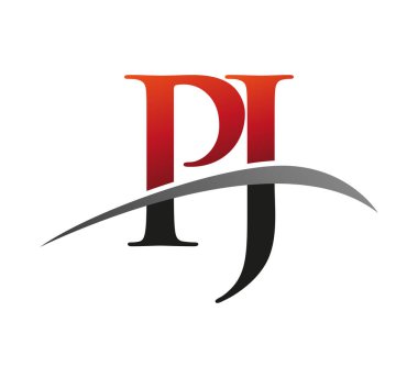 İlk harf PJ logotype şirketi adı kırmızı ve siyah swoosh tasarımı. Siyah arkaplanda izole.