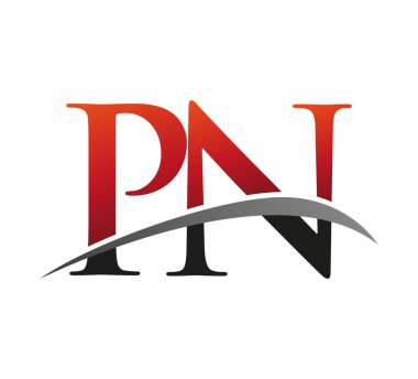 İlk harf PN logotype şirketinin adı: Renkli kırmızı ve siyah Swoosh tasarımı. Siyah arkaplanda izole.