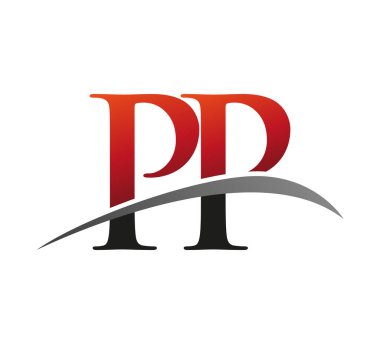 İlk harf PP logotype şirketi adı kırmızı ve siyah Swoosh tasarımı. Siyah arkaplanda izole.