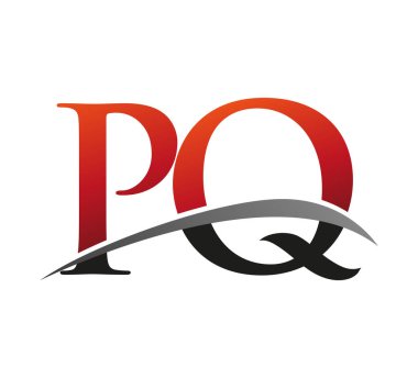 İlk harfi PQ logotype şirketi. Renkli kırmızı ve siyah Swoosh tasarımı. Siyah arkaplanda izole.