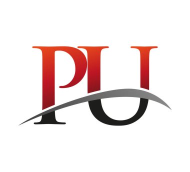 İlk harf PU logotype şirketi adı kırmızı ve siyah Swoosh tasarımı. Siyah arkaplanda izole.