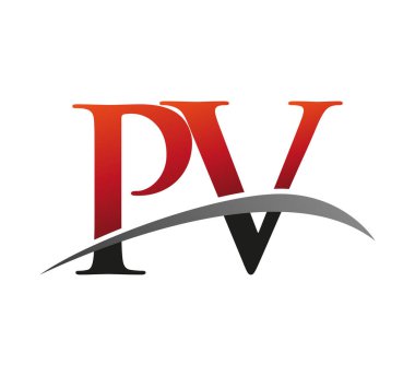 İlk harfi PV logotype şirketi. Renkli kırmızı ve siyah Swoosh tasarımı. Siyah arkaplanda izole.