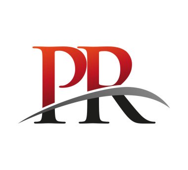 İlk harf PR logotype şirketinin adı Renkli Kırmızı ve Siyah Swoosh tasarımı. Siyah arkaplanda izole.