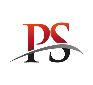 İlk harf PS logotype şirketi adı: Renkli kırmızı ve siyah Swoosh tasarımı. Siyah arkaplanda izole.