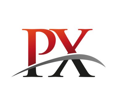 İlk harf PX logotype şirketi adı kırmızı ve siyah Swoosh tasarımı. Siyah arkaplanda izole.