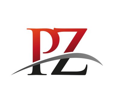 İlk harf PZ logotype şirket adı kırmızı ve siyah swoosh tasarımı. Siyah arkaplanda izole.