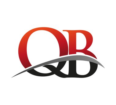 İlk harf: QB logotype şirketi. Renkli kırmızı ve siyah Swoosh tasarımı. Siyah arkaplanda izole.