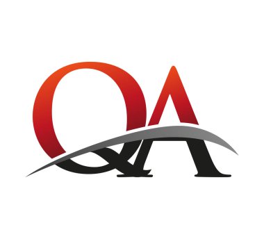 İlk harf QA logotype şirketi adı: Renkli kırmızı ve siyah Swoosh tasarımı. Siyah arkaplanda izole.