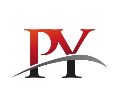 İlk harfi PY logotype şirketi. Renkli kırmızı ve siyah Swoosh tasarımı. Siyah arkaplanda izole.