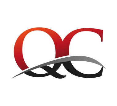 İlk harf QC logotype şirket adı kırmızı ve siyah swoosh tasarımı. Siyah arkaplanda izole.