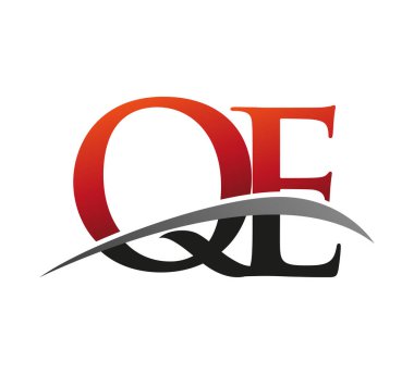 İlk harf QE logotype şirket adı kırmızı ve siyah swoosh tasarımı. Siyah arkaplanda izole.