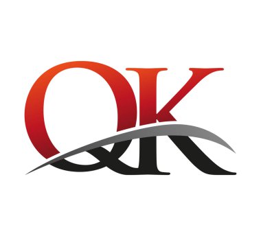 İlk harf QK logotype şirket adı kırmızı ve siyah swoosh tasarımı. Siyah arkaplanda izole.