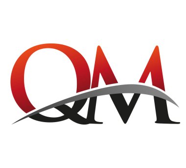 İlk harf QM logotype şirket adı kırmızı ve siyah swoosh tasarımı. Siyah arkaplanda izole.